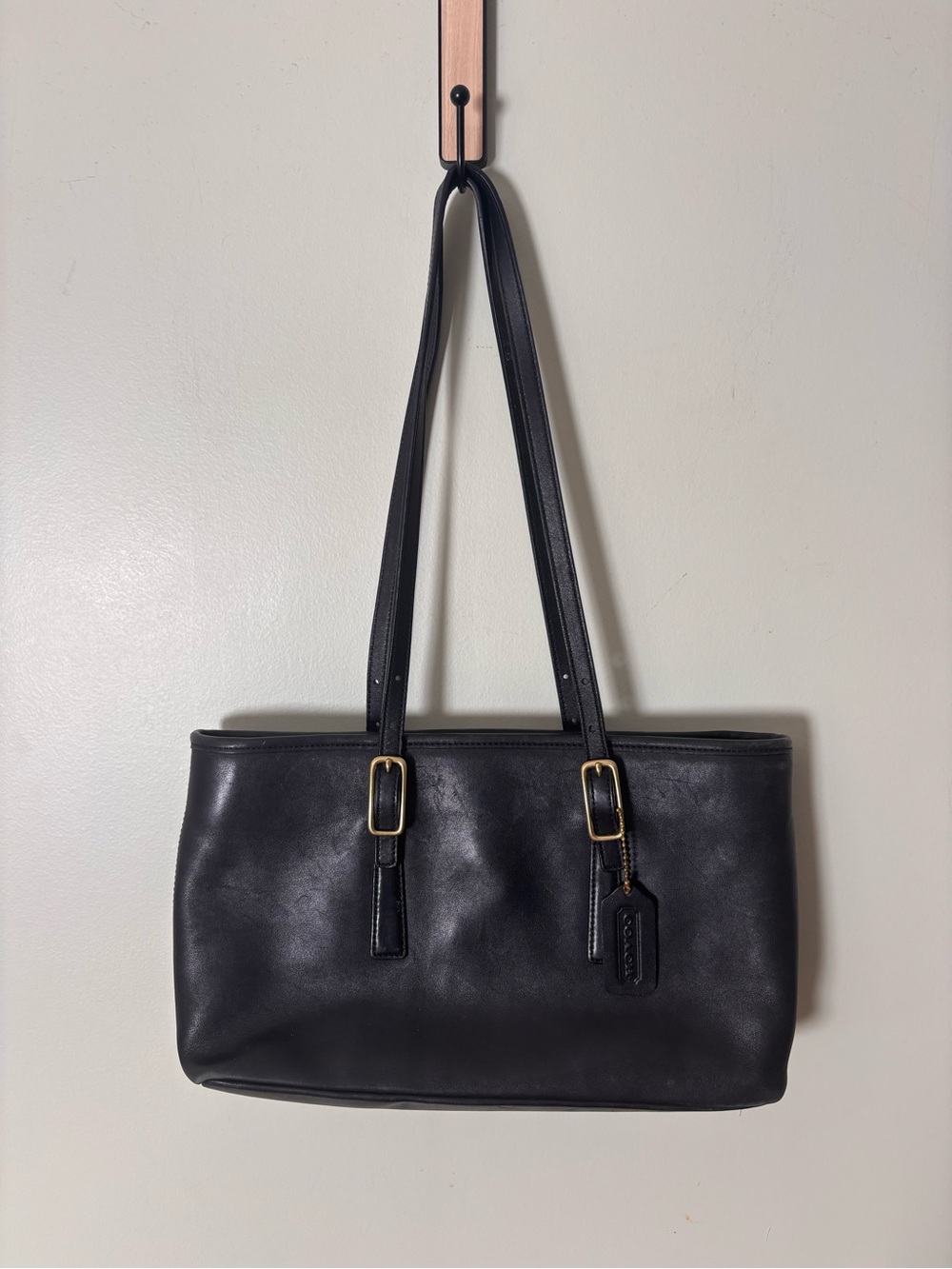 Vintage Coach Black Leather Shoulder Bag with Gold Hardware